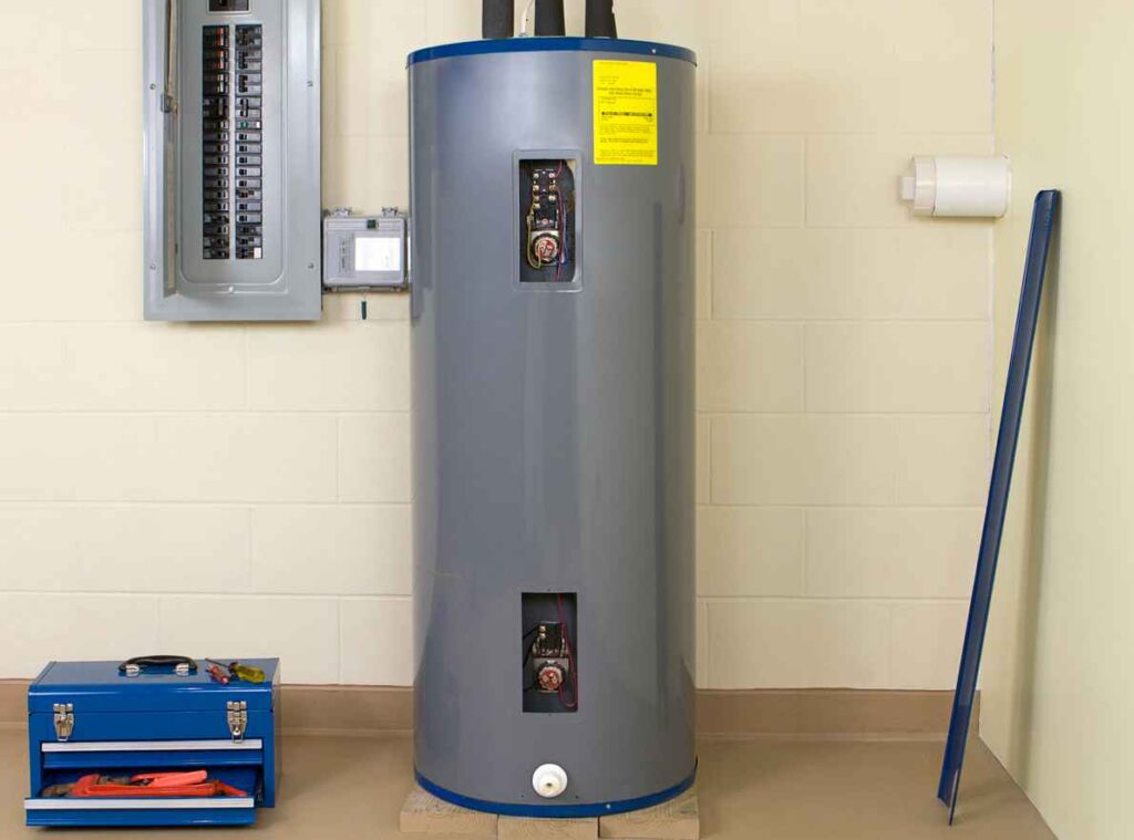 hot water heater in a residential basement