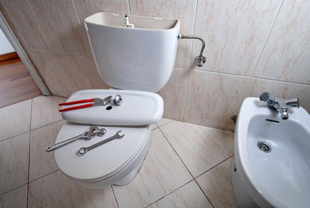 Plumber repairing toilet in Phoenix bathroom